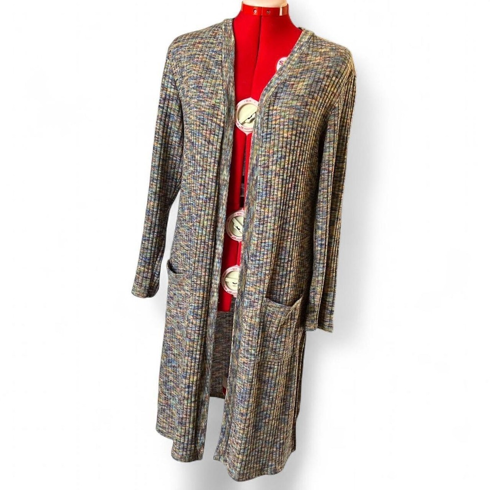 Another Reason Multicolor Long Ribbed Knit Open Front Cardigan Boho Art Teacher